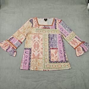 JM Collection Blouse Womens Medium Paisley Print Bell Sleeve Beaded Top Career